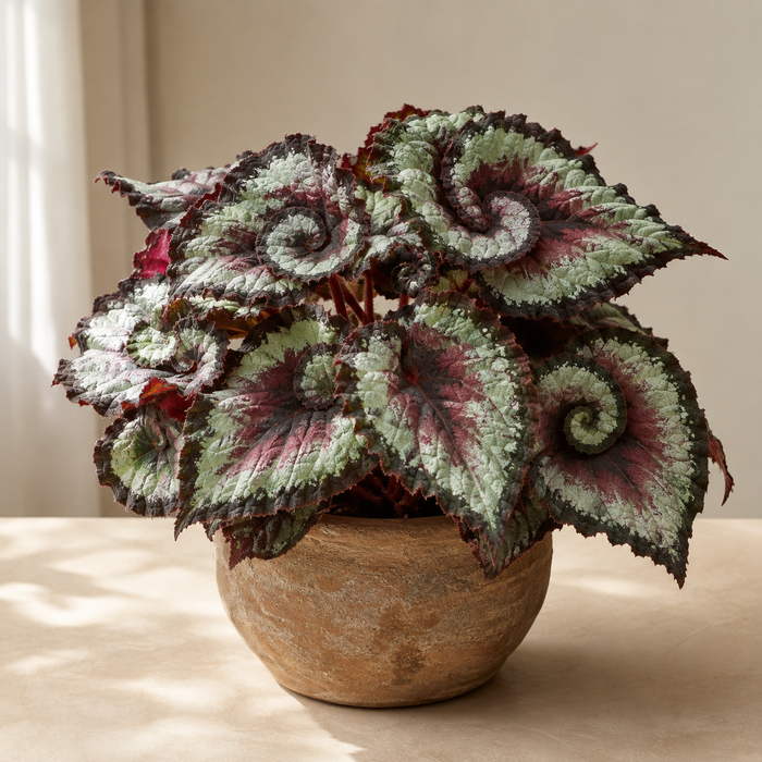 Rex begonia with patterned silver green and burgundy spiral leaves