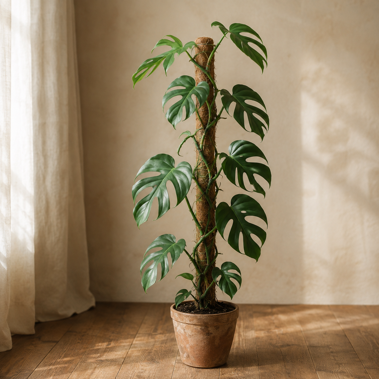 Rhaphidophora tetrasperma climbing a coir pole with split green leaves
