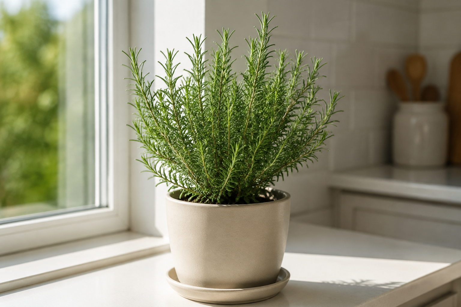 Bushy rosemary with narrow aromatic leaves in a sunny indoor planter
