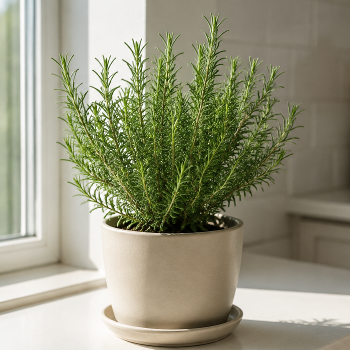 Bushy rosemary with narrow aromatic leaves in a sunny indoor planter