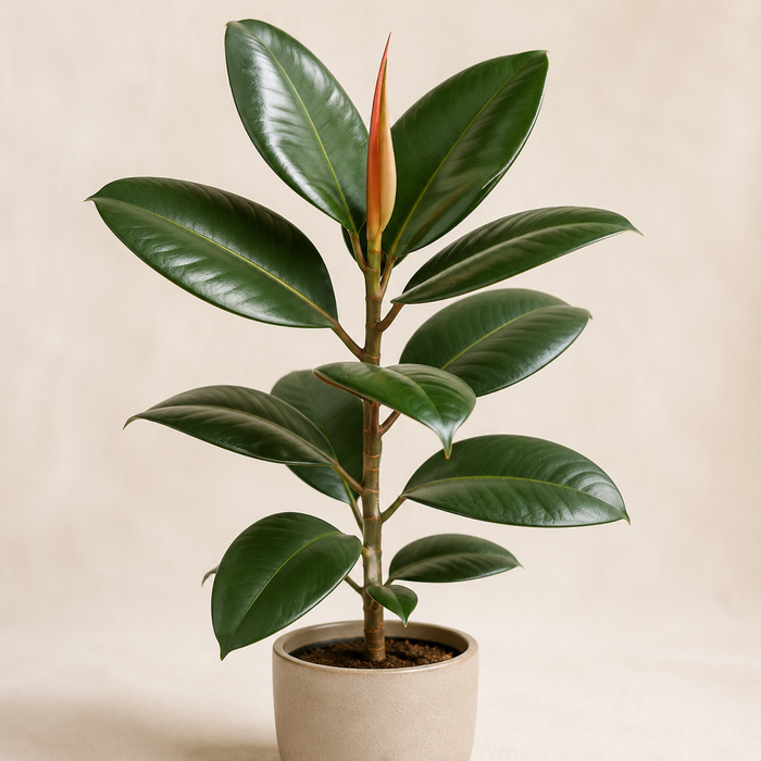 Young rubber plant with glossy dark green leaves and a red new-leaf sheath in a neutral pot