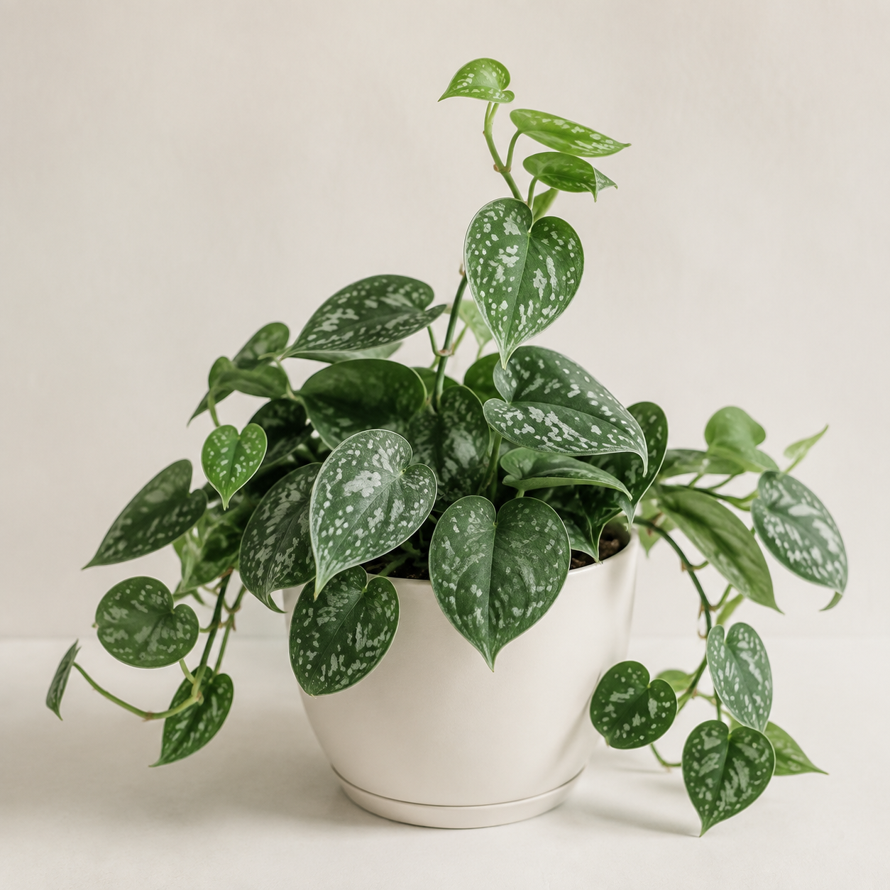 Satin pothos with dark green leaves marked by silver blotches