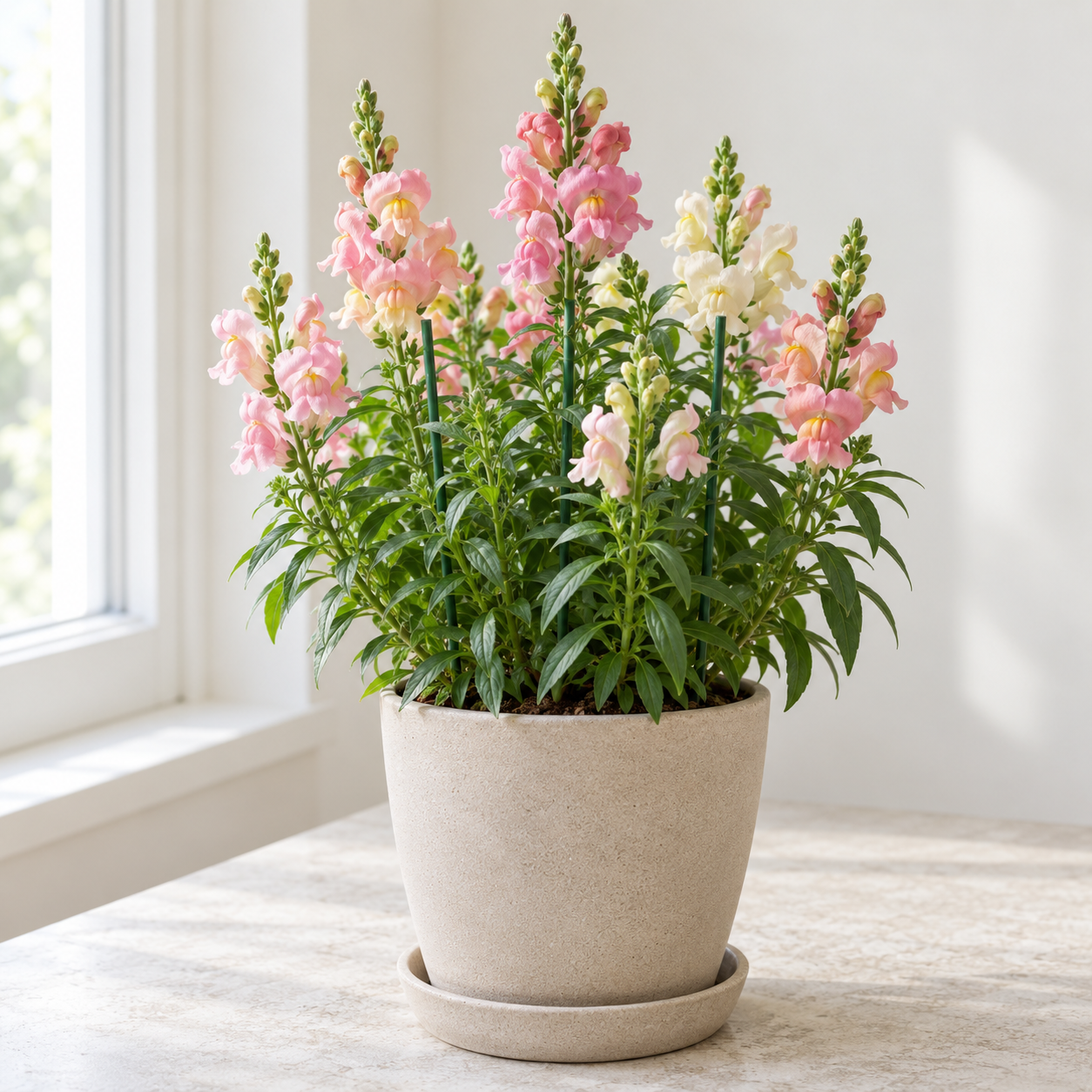 Compact common snapdragon flowering by a bright window