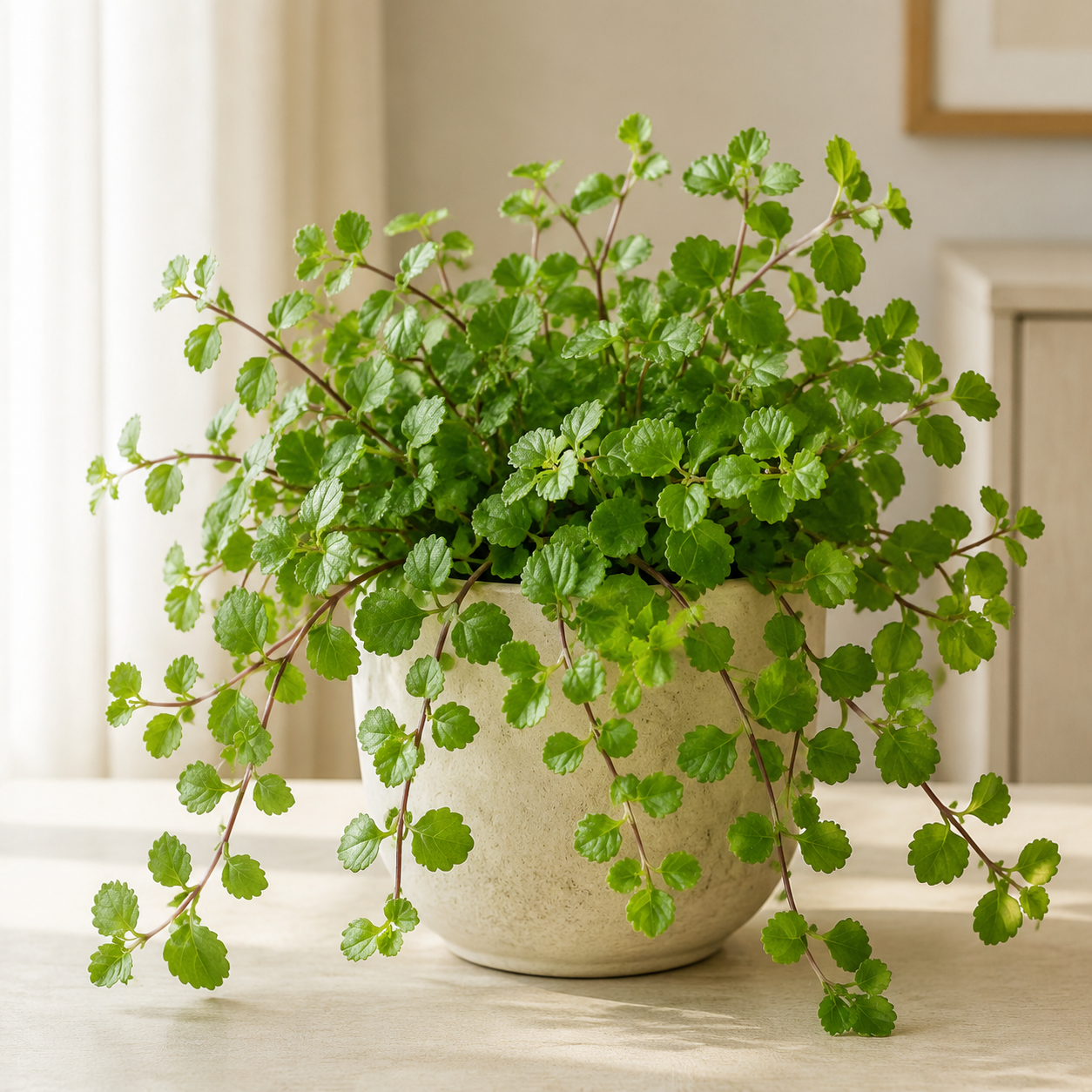 Swedish ivy with glossy scalloped leaves trailing from a compact pot