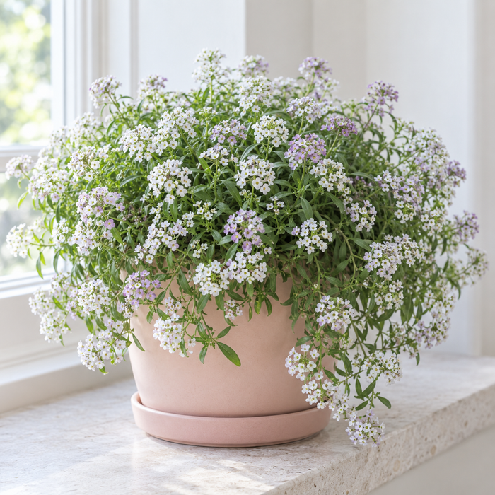 Sweet alyssum spilling over an indoor planter