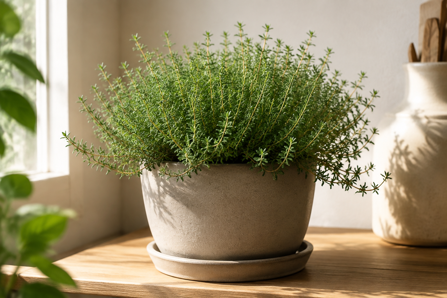 Common thyme forming a low mound of tiny green leaves in a sunny planter