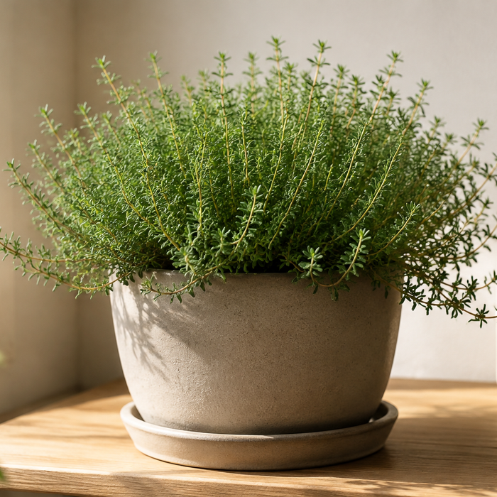 Common thyme forming a low mound of tiny green leaves in a sunny planter