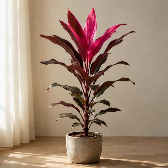 Hawaiian ti plant with upright burgundy magenta and green leaves