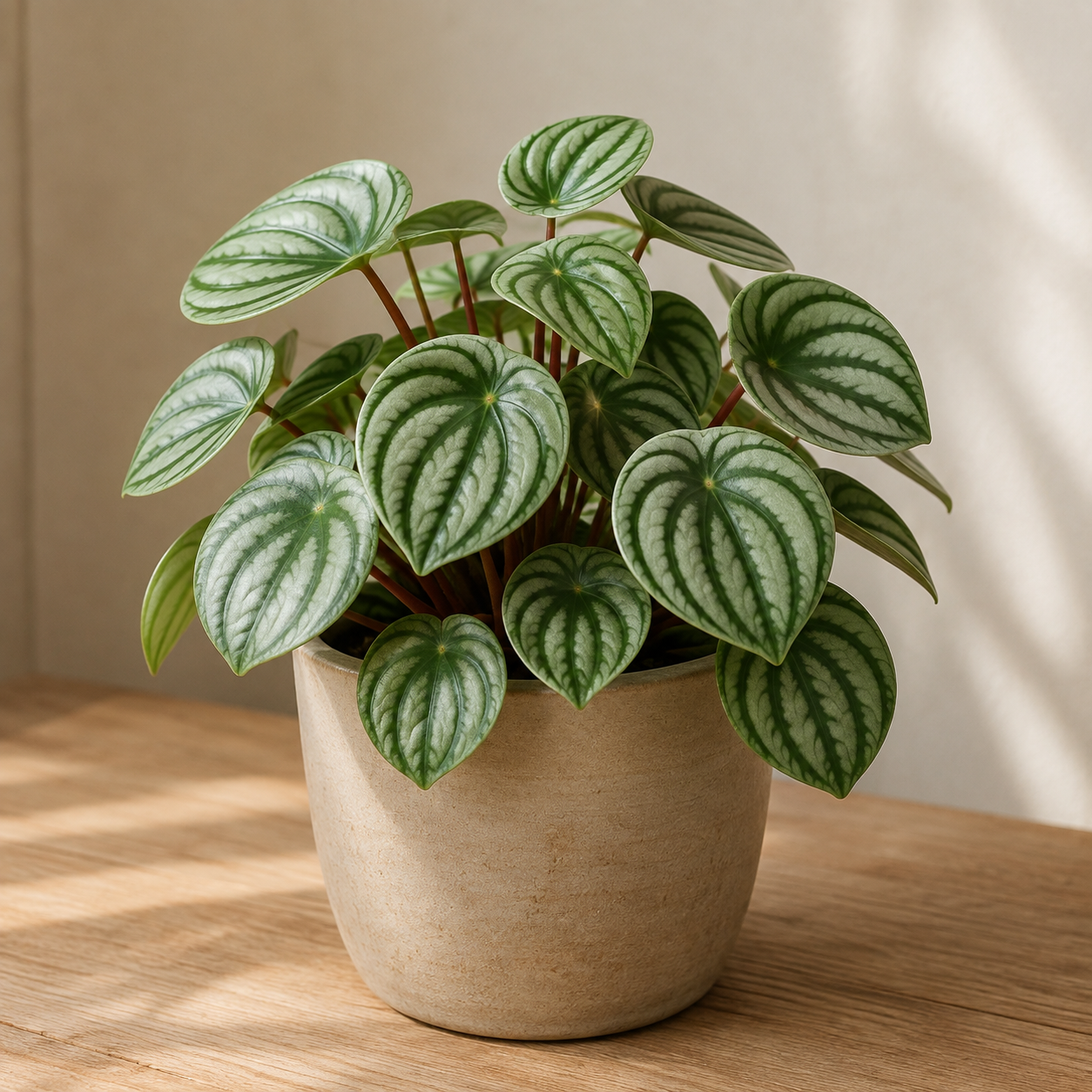 Watermelon peperomia with silver striped leaves and red petioles