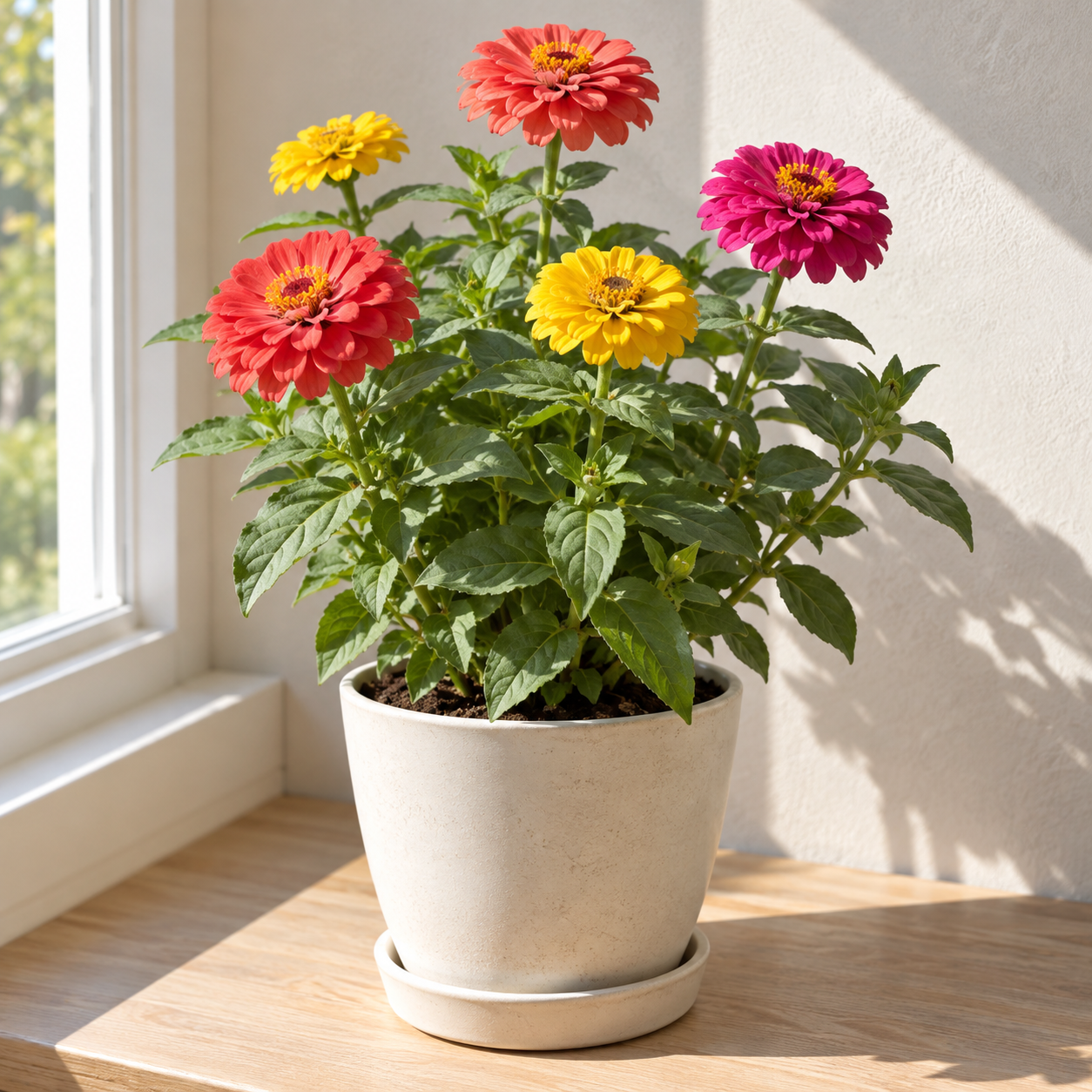 Dwarf zinnia flowering in a sunny indoor container