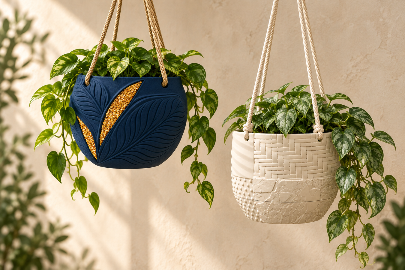 Navy leaf hanging planter with gold-tone accents and ivory patchwork hanging planter with trailing plants.