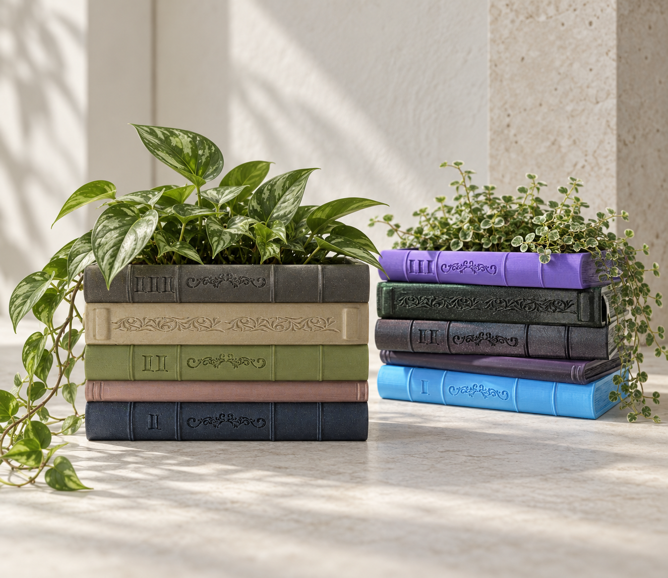 Custom book planter shaped like five stacked hardcover books with legs