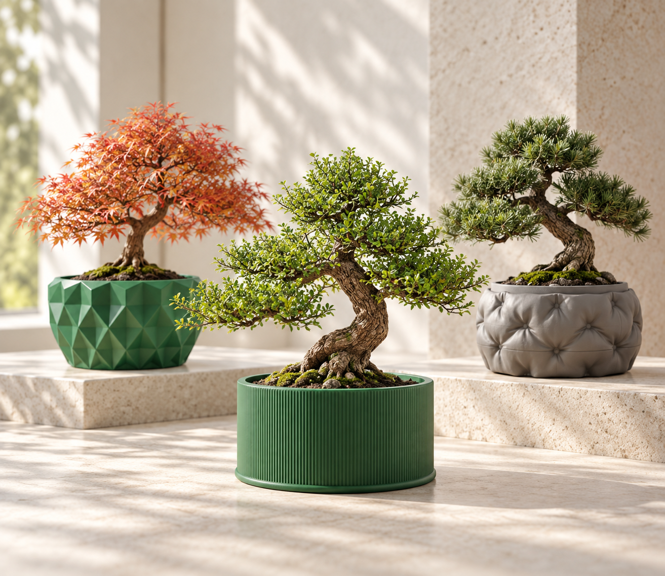 Modern low-profile bonsai planters in geometric and textured designs