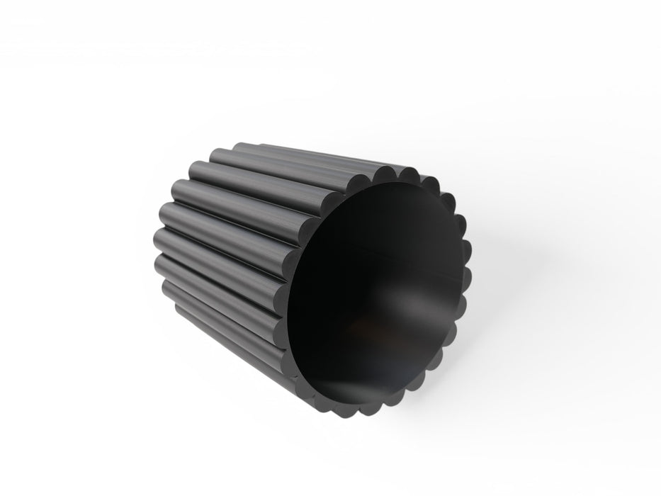 Pillar plant stand shown on its side with hollow interior and rounded ribbed texture