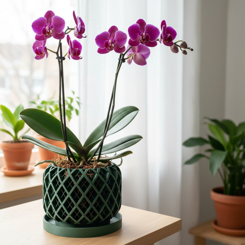 Noro geometric open slats ventilated orchid pot, side view