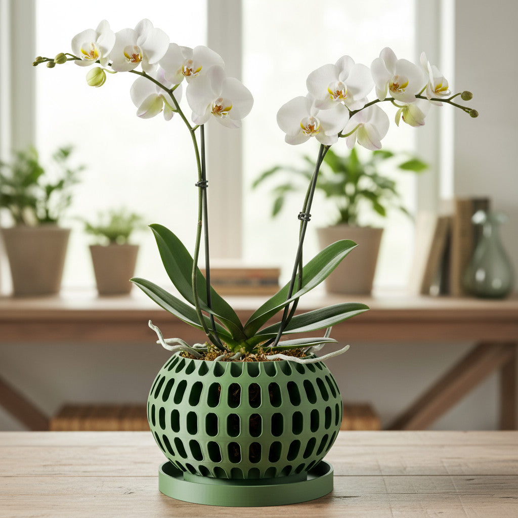 Brex rounded open grid ventilated orchid pot, top opening view