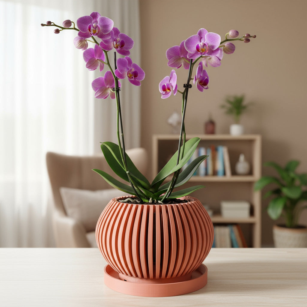 Rakor rounded vertical slats ventilated orchid pot, side view