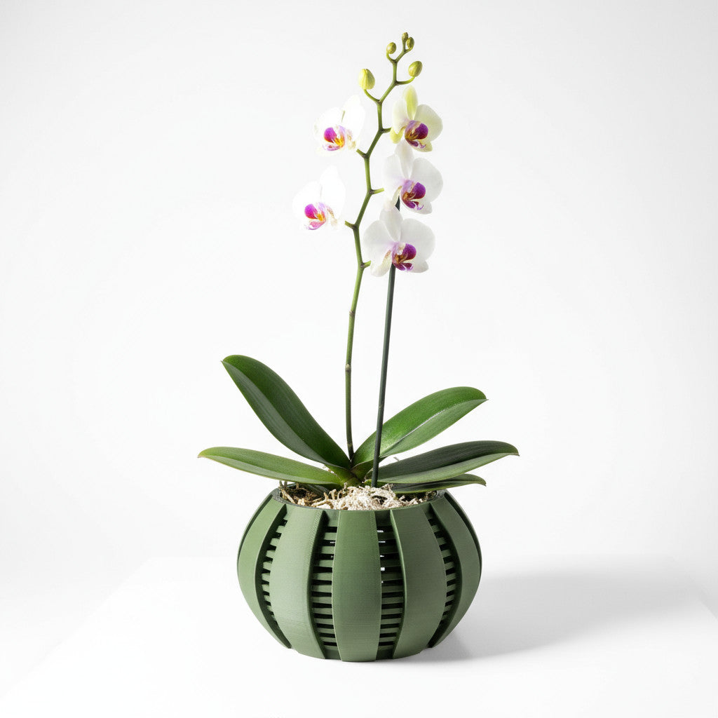 Arik curved open slats ventilated orchid pot, front view