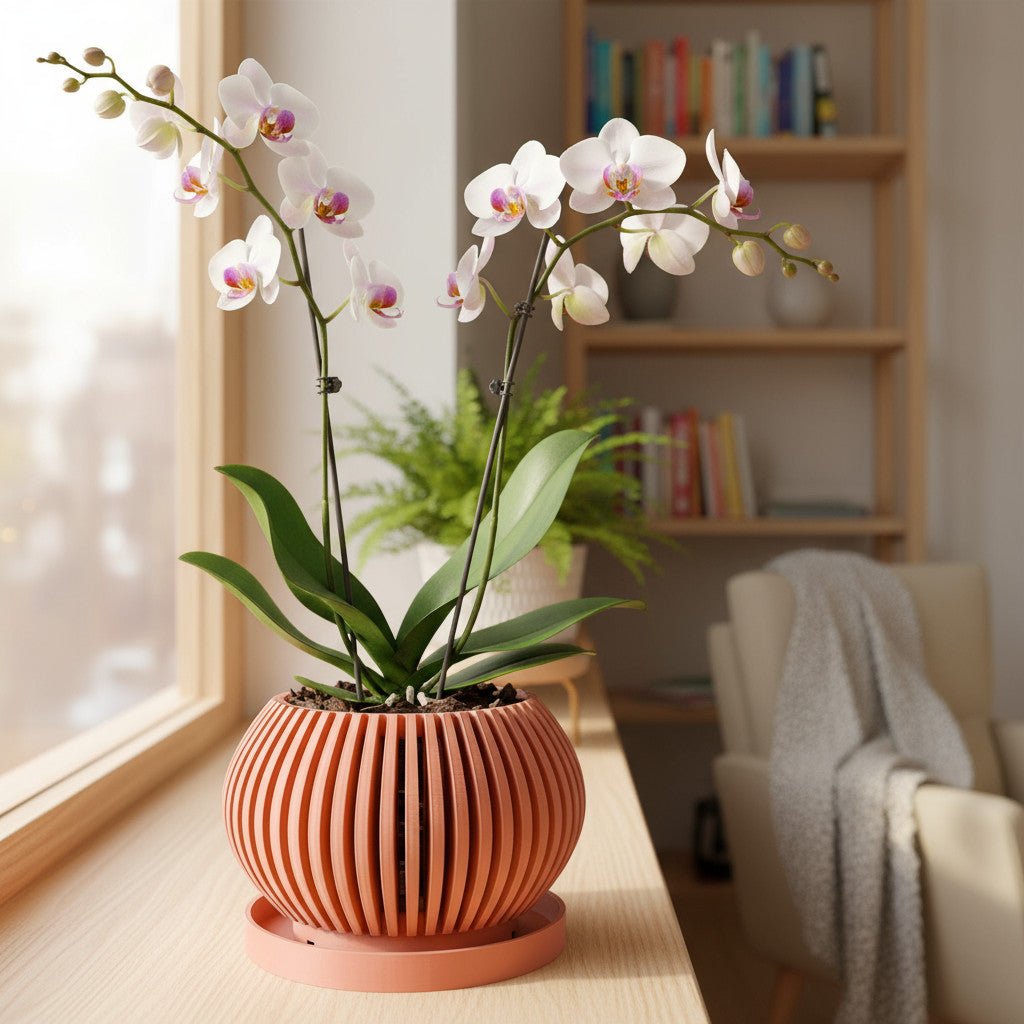 Rakor rounded vertical slats ventilated orchid pot, front view