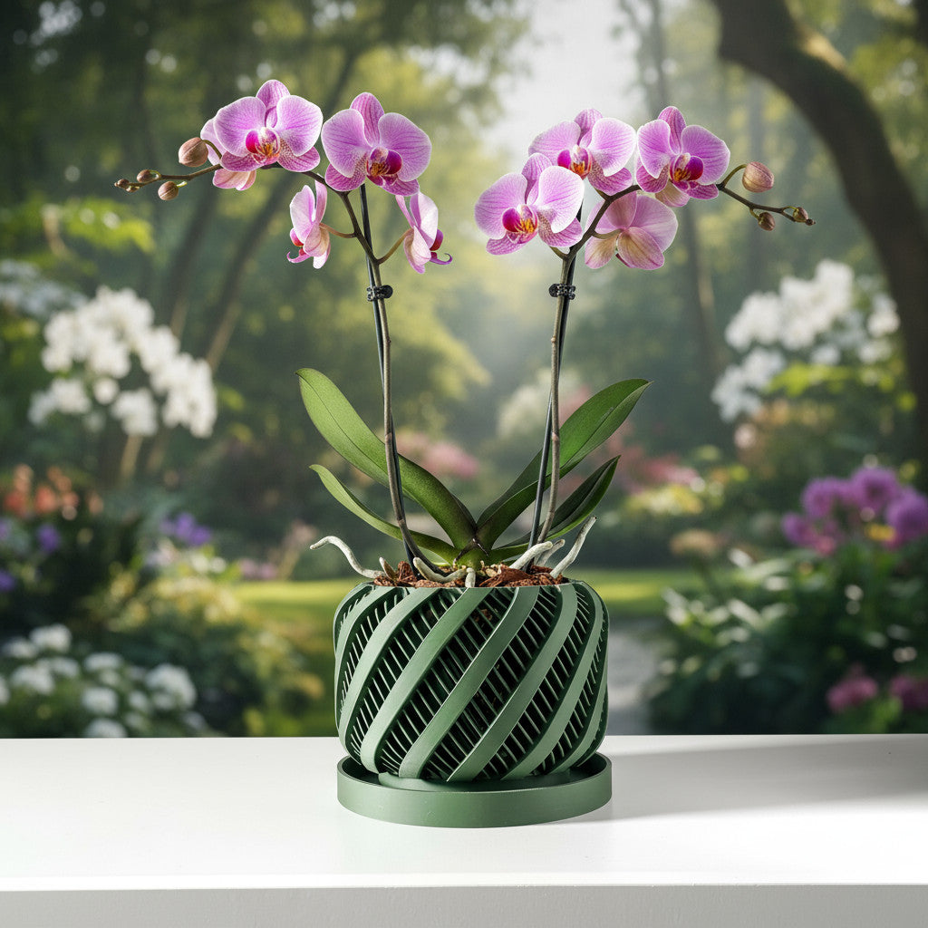 Arno sculptural curved ribs ventilated orchid pot, front view