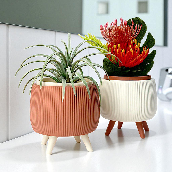 Arco Ribbed Planter with Removable Liner & Four Legs – 3D Printed Plant Pot / Cachepot, 3" 5" 7", Elevated Drainage