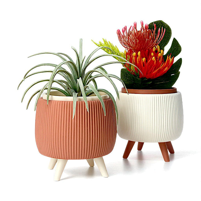 Arco Ribbed Planter with Removable Liner & Four Legs – 3D Printed Plant Pot / Cachepot, 3" 5" 7", Elevated Drainage