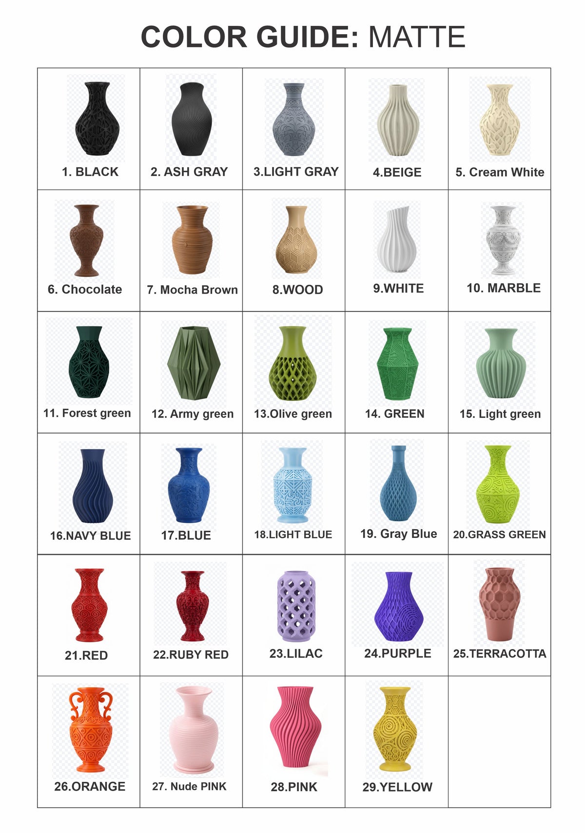 Viviero color guide for Juny vase, color options 1