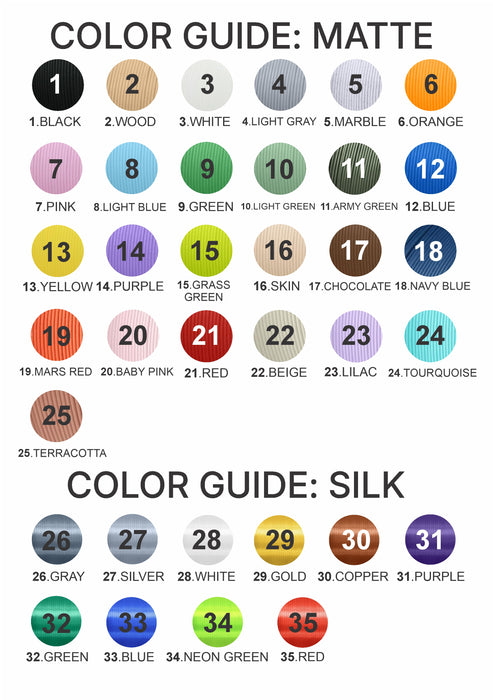 Detailed color guide showing matte and silk filament options for 3D-printed planters and vases. Matte section includes 25 textured swatches like black, white, green, beige, and terracotta. Silk section features 10 glossy colors such as gold, silver, neon green, and purple. All color samples are arranged in neat rows with visible texture and surface sheen, helping customers choose the right tone and finish for custom eco-friendly home decor prints.