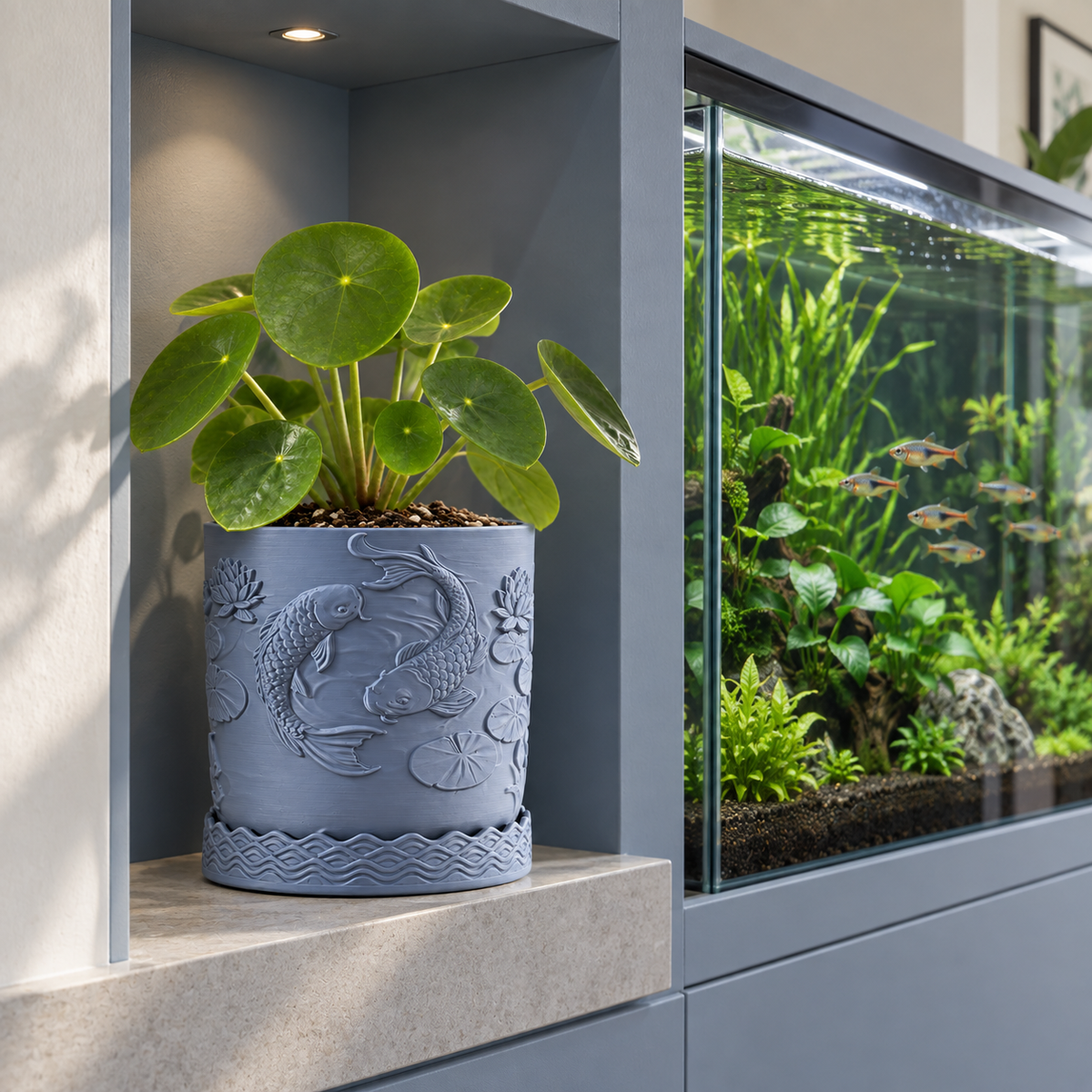 Blue Coraline fish-relief planter with round green leaves beside a planted aquarium.