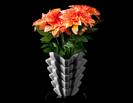 black flower vase with layered petal-like segments and 3d printed ribbed texture, aesthetic vase for dried flowers or floral arrangements, modern vase with cascading architectural lines, unique home decor with sculptural symmetry and matte finish, black vase for ikebana and tabletop styling, personalized vase for gifts or home office decor, vases for flowers and decorative stems, miniature vase with contemporary depth and balance
