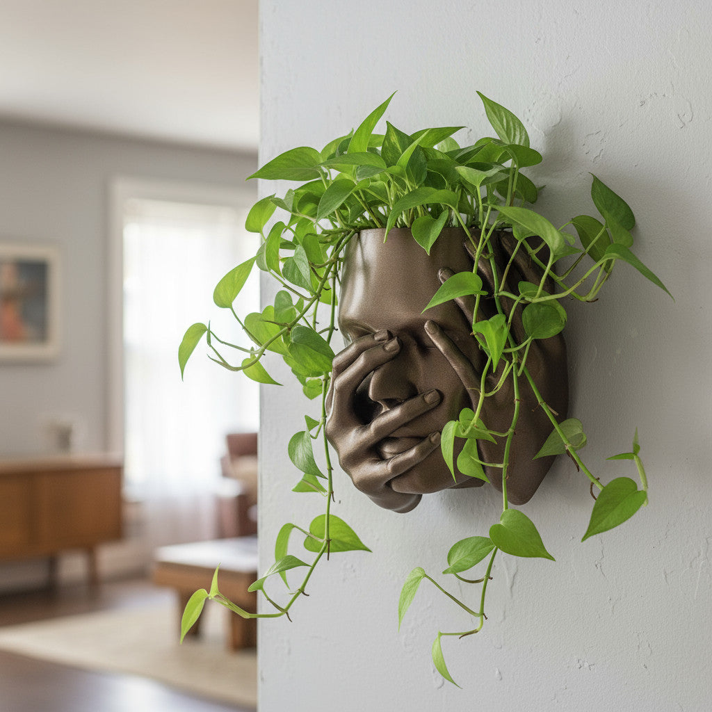 Echo sculptural wall planter for trailing plants with face and hands design in warm brown finish