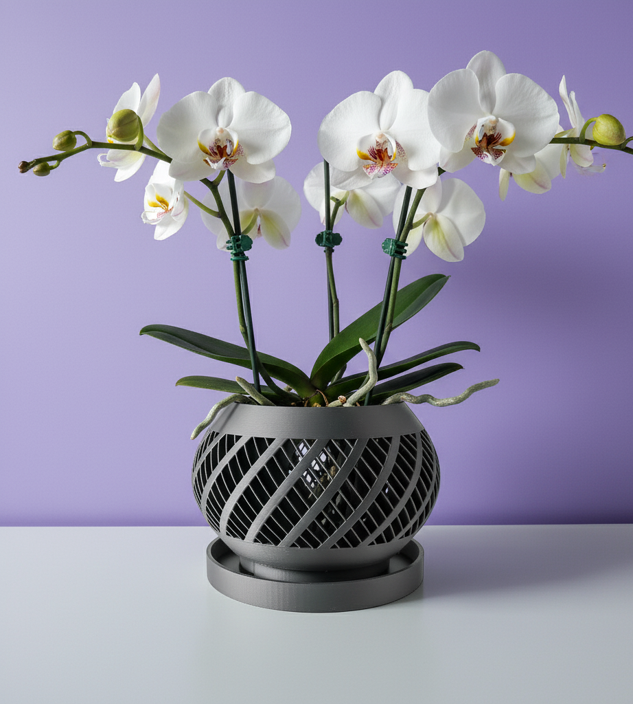 Elvik spiral ribs ventilated orchid pot, front view