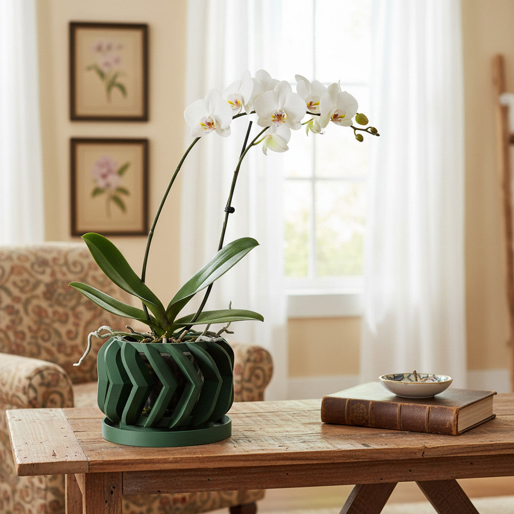Garni balanced ribbed form ventilated orchid pot, top opening view