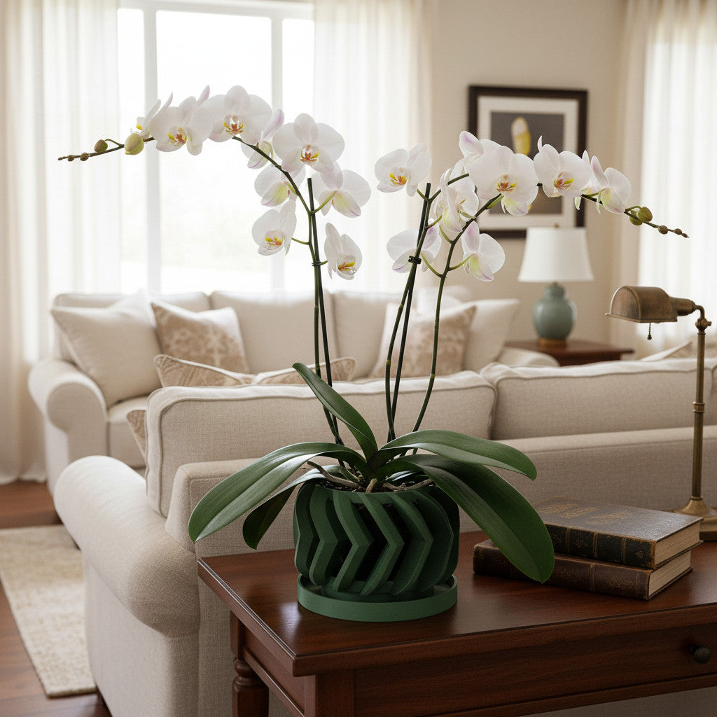Garni balanced ribbed form ventilated orchid pot, side view