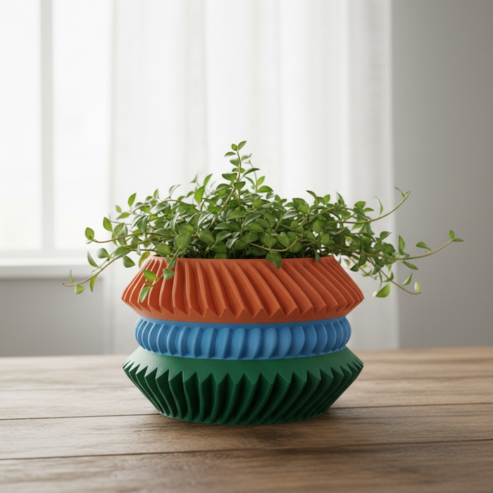 Geometric ribbed 3D printed planter, architectural plant pot, multicolor sculptural design – “Jako”
