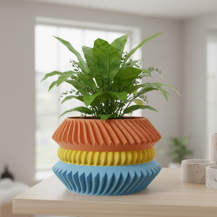 Geometric ribbed 3D printed planter, architectural plant pot, multicolor sculptural design – “Jako”