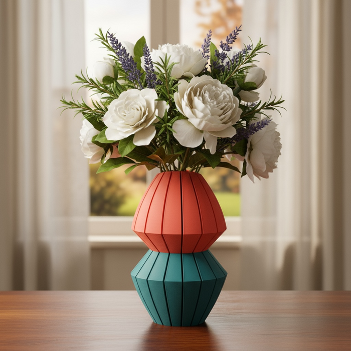 Modern Pleated 3D Printed Vase Two Tone or Single Color Geometric Modular Design “Luko”