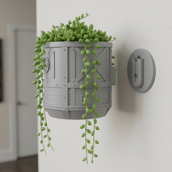 Industrial sci-fi 3D-printed wall planter "Mech Pod" with drainage option