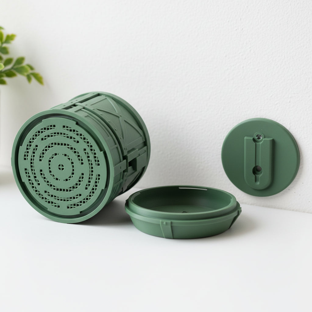 Front view of Mech Pod wall planter with sci-fi panel texture, vent detail, and matching wall mount