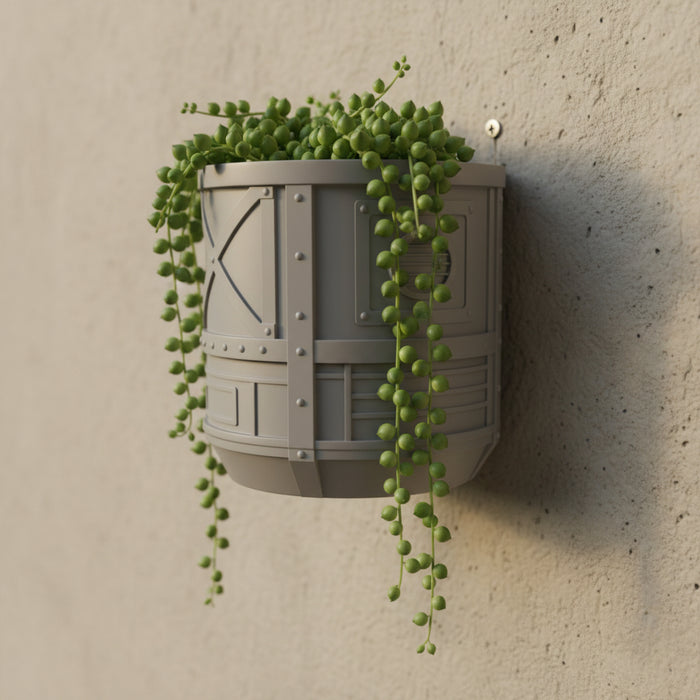 Industrial sci-fi 3D-printed wall planter "Mech Pod" with drainage option