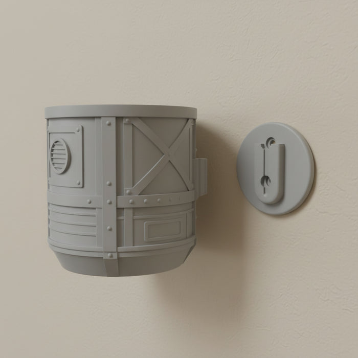 Industrial sci-fi 3D-printed wall planter "Mech Pod" with drainage option