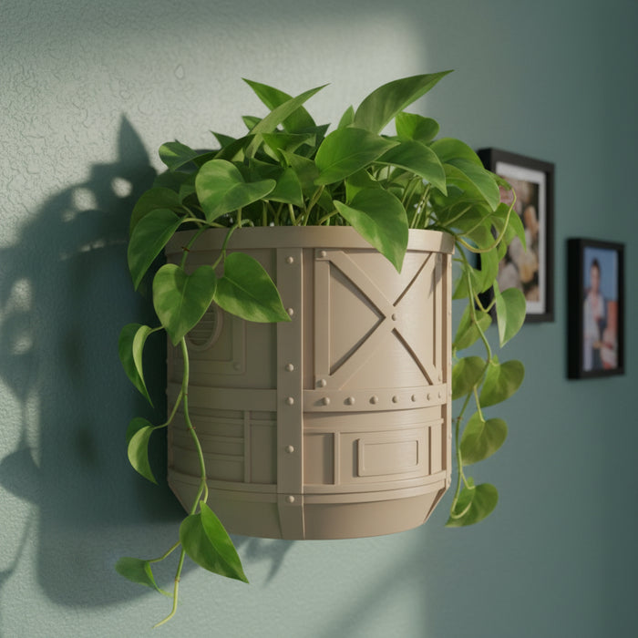Industrial sci-fi 3D-printed wall planter "Mech Pod" with drainage option