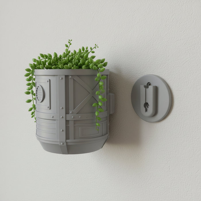 Industrial sci-fi 3D-printed wall planter "Mech Pod" with drainage option