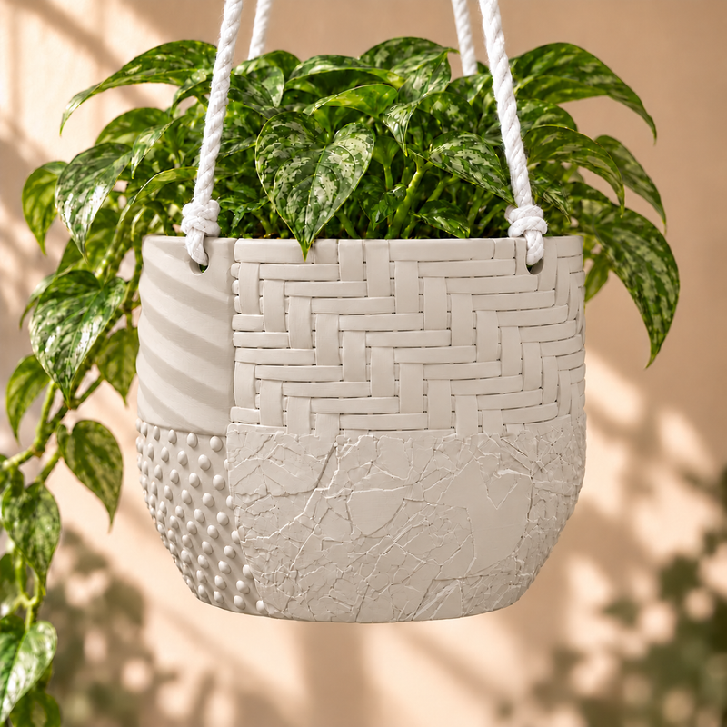 Light neutral Tessaro hanging planter with trailing greenery and white hanging ropes, shown without a separate saucer.