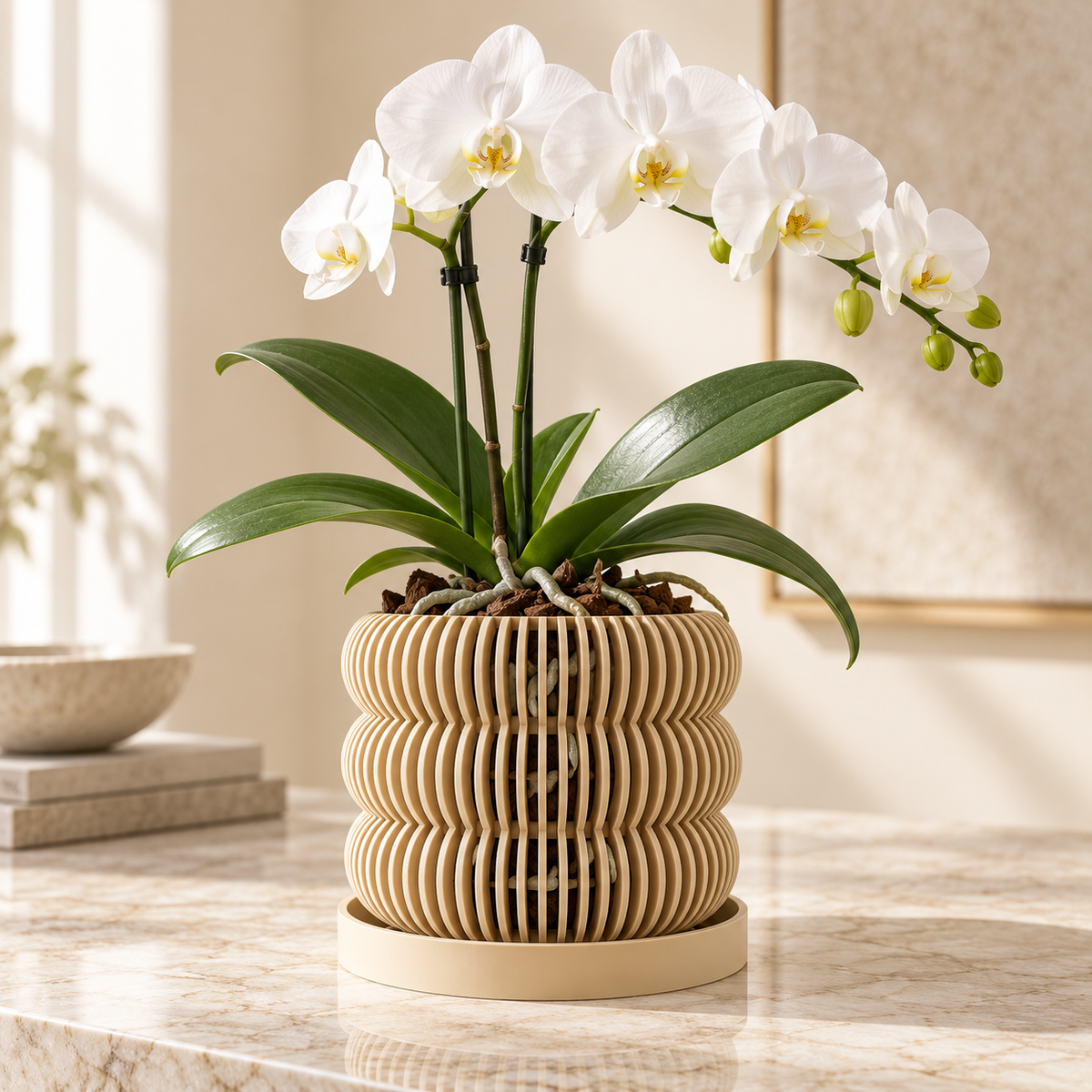 Ventilated Orchid Pot with Tiered Vertical Slats and Optional Tray | Kurga — product image 1