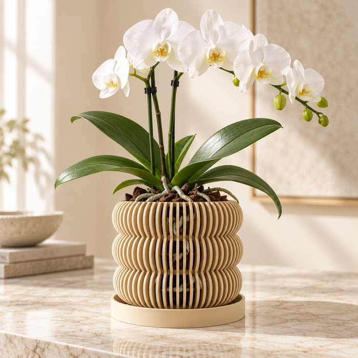 Ventilated Orchid Pot with Tiered Vertical Slats and Optional Tray | Kurga — product image 1