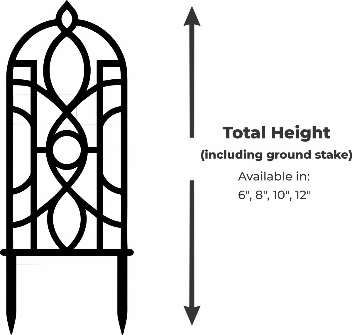 Fenestra arched plant trellis size guide showing 6, 8, 10, and 12 inch height options