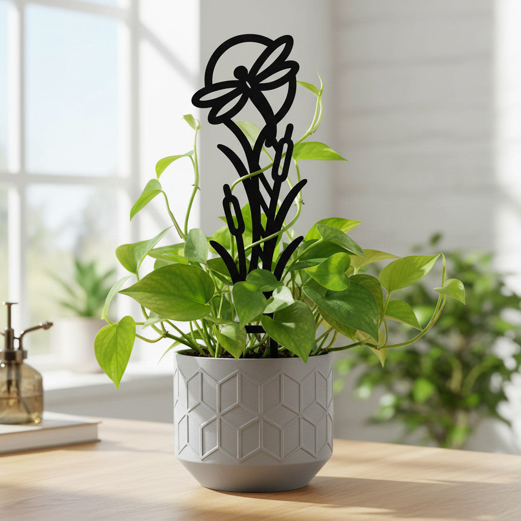 Black Libella dragonfly plant trellis supporting a climbing houseplant in a textured white pot