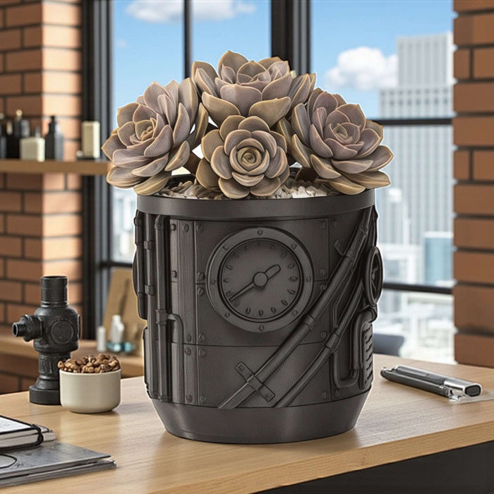 "Steamcore" Planter – Industrial Steampunk 3D Printed Plant Pot with Drainage Option
