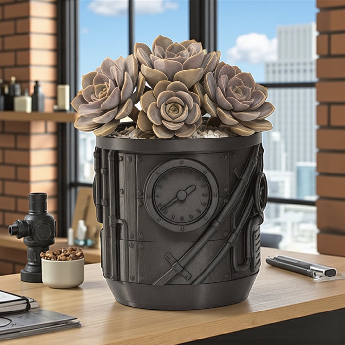 Steamcore Planter – Industrial Steampunk 3D Printed Plant Pot with Drainage Option
